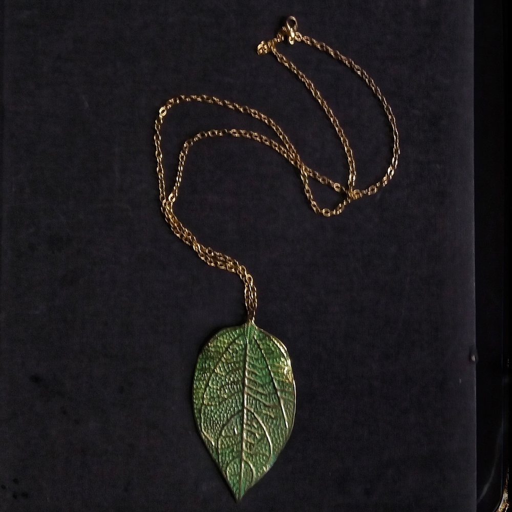 Unique nature scene boho green /gold leaf necklace